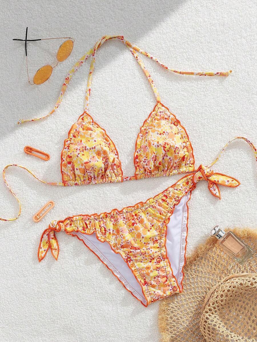 Çiçekli Dantel Pileli Bikini Takımı