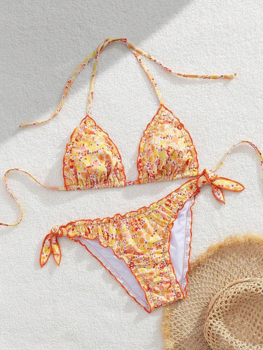 Çiçekli Dantel Pileli Bikini Takımı