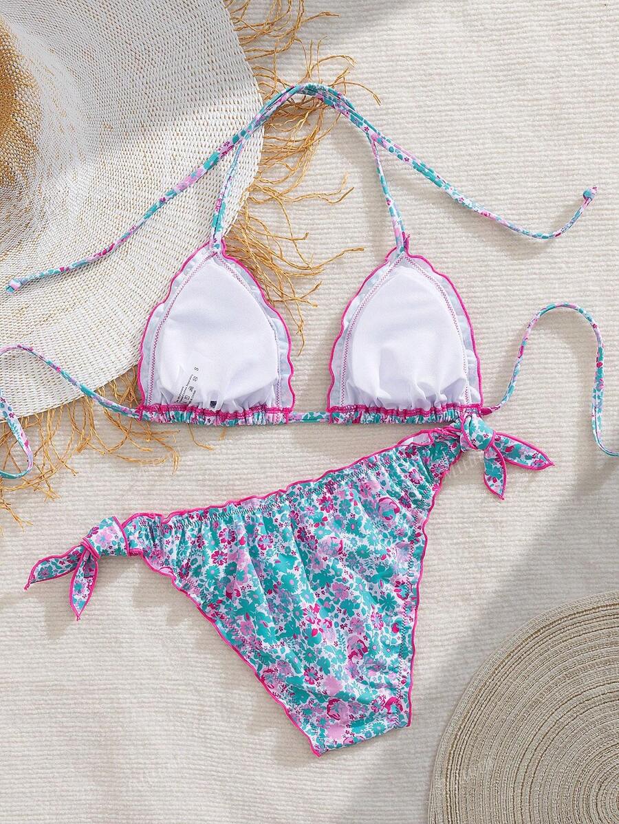 Çiçekli Dantel Pileli Bikini Takımı