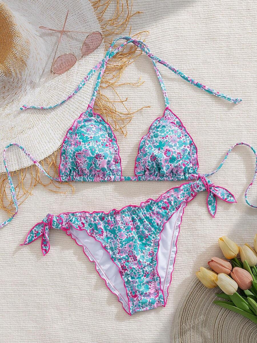 Çiçekli Dantel Pileli Bikini Takımı