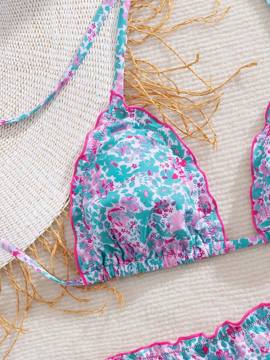 Çiçekli Dantel Pileli Bikini Takımı