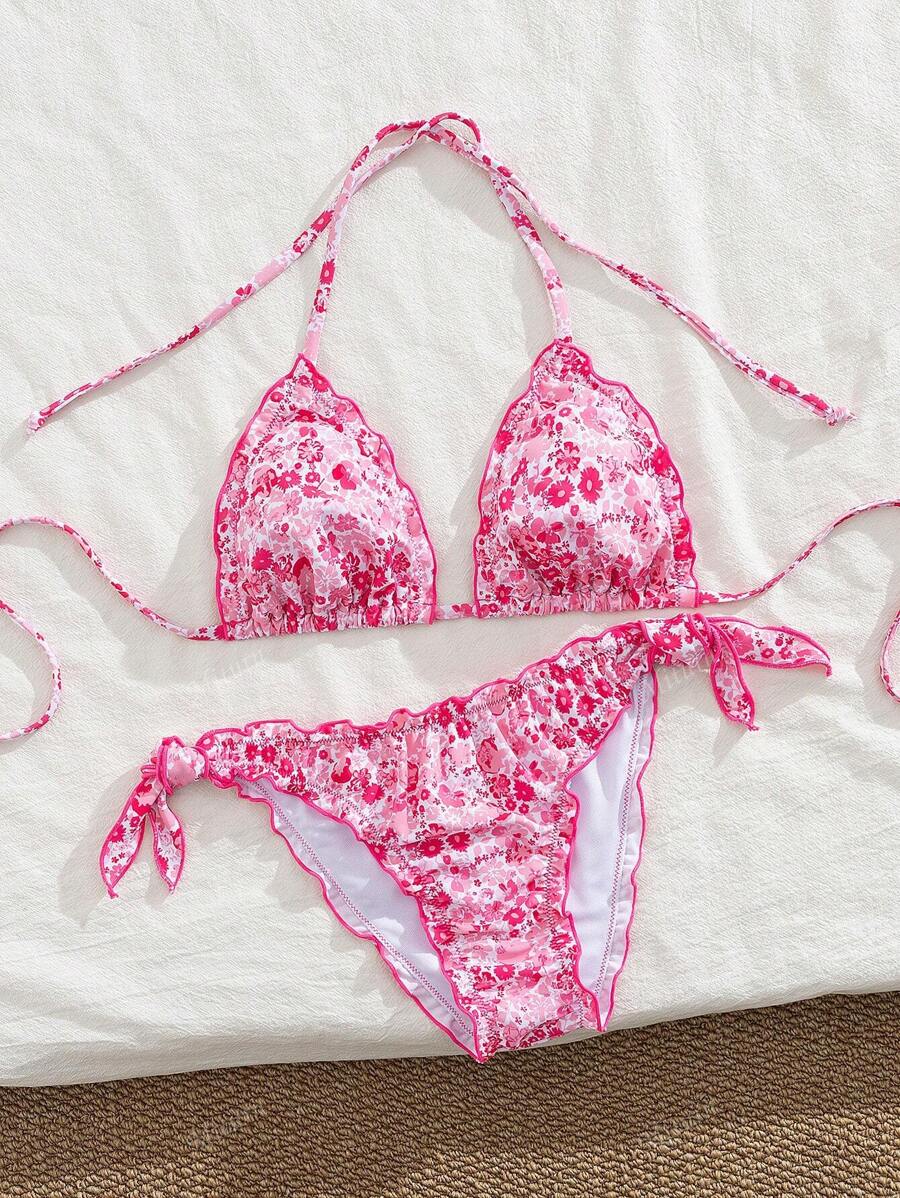 Çiçekli Dantel Pileli Bikini Takımı