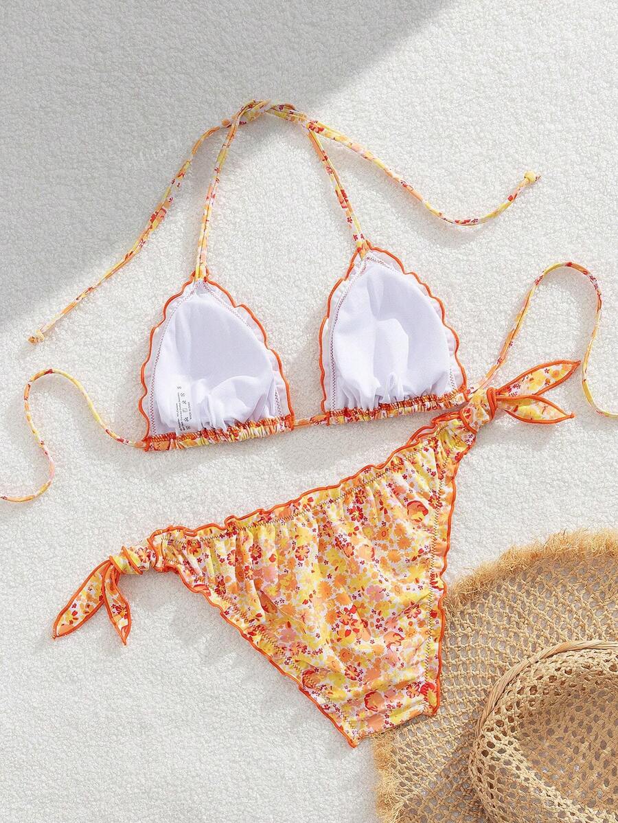 Çiçekli Dantel Pileli Bikini Takımı