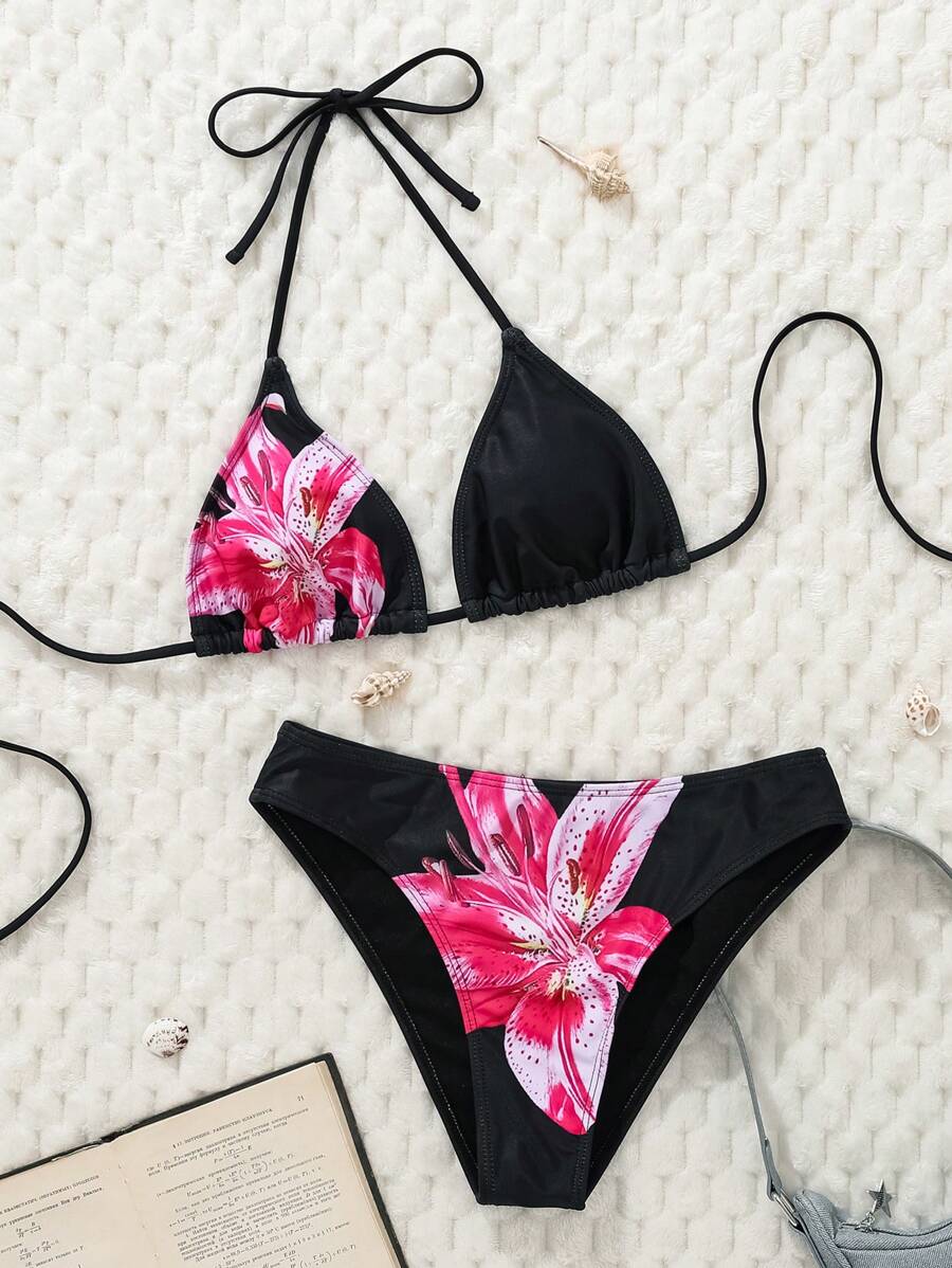 Çiçek Desenli Halter Bağcıklı Bikini Takımı