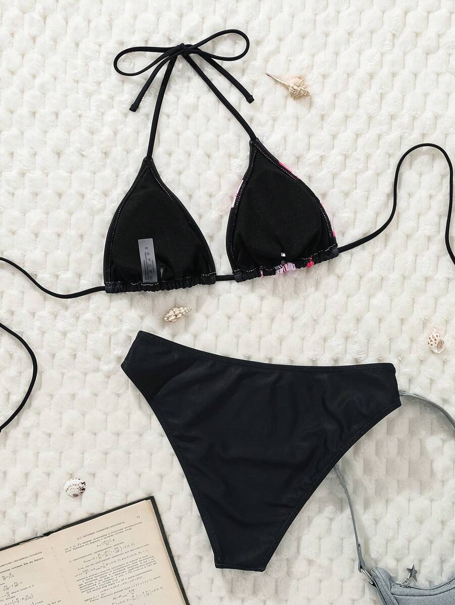 Çiçek Desenli Halter Bağcıklı Bikini Takımı