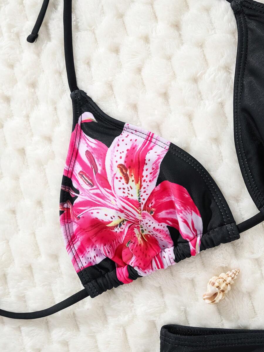 Çiçek Desenli Halter Bağcıklı Bikini Takımı
