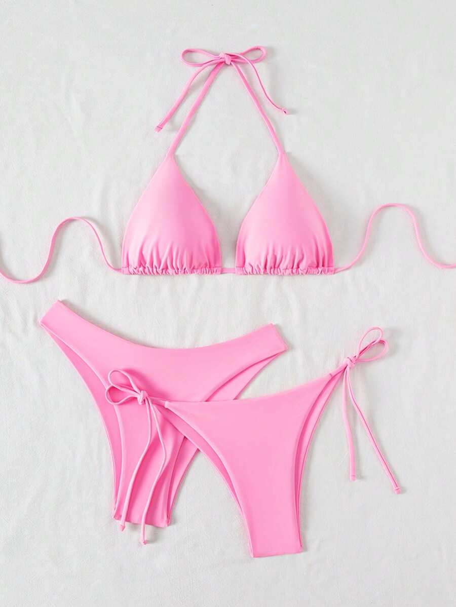 3 Parça Halter Üst + Üçgen Alt + Bağcıklı Şort Bikini Takımı