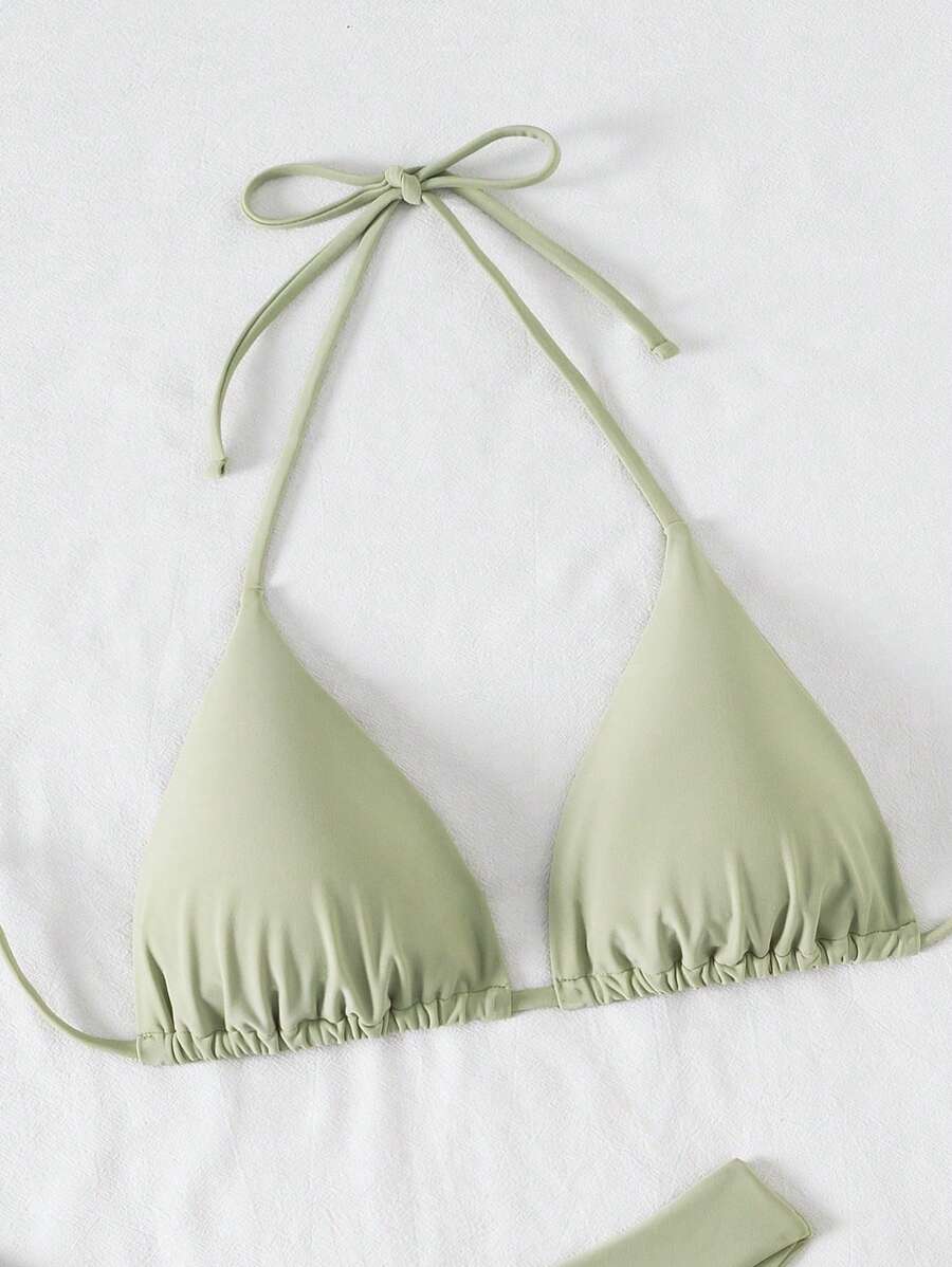 3 Parça Halter Üst + Üçgen Alt + Bağcıklı Şort Bikini Takımı