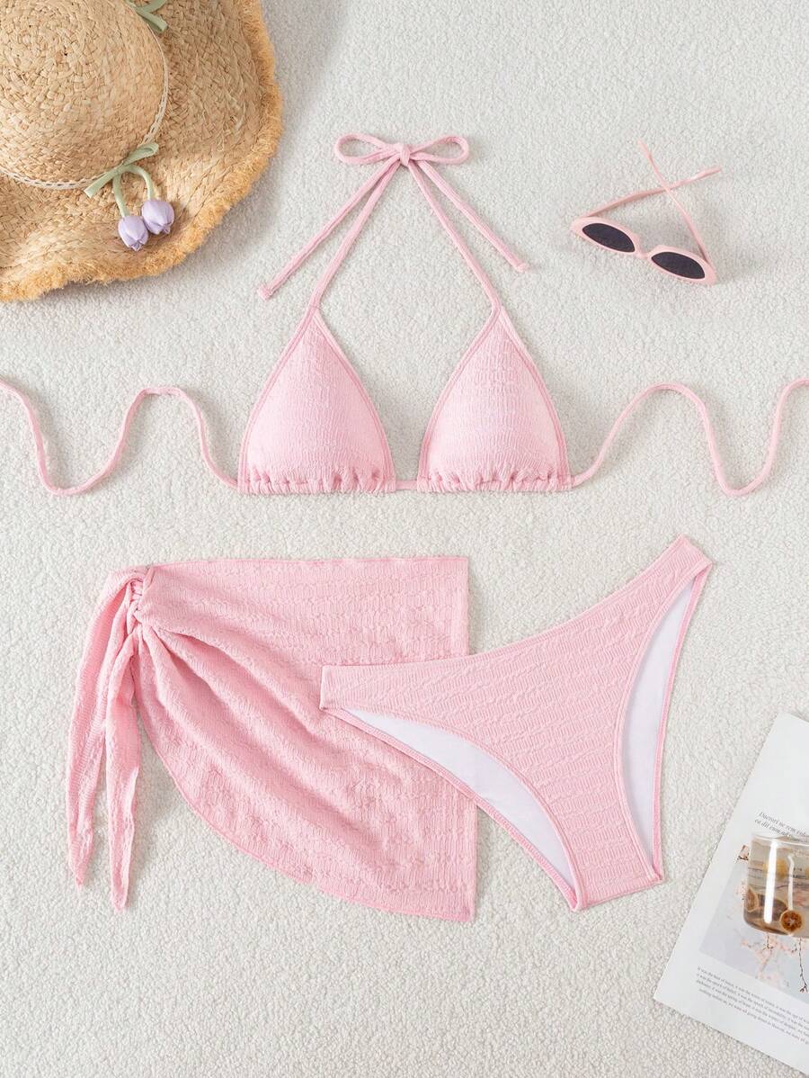 3 Parça Bikini Ve Düğümlü Mini Etek Takımı