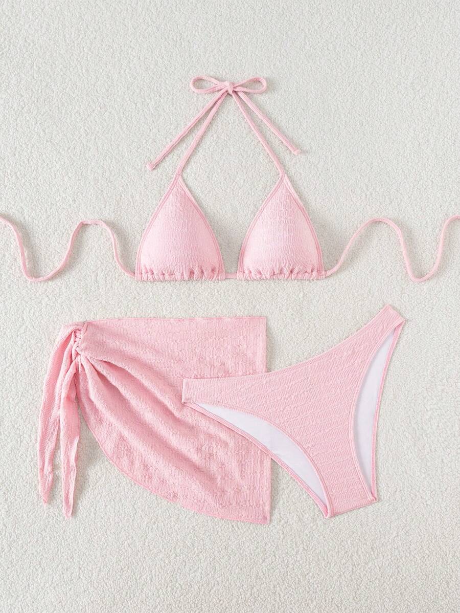 3 Parça Bikini Ve Düğümlü Mini Etek Takımı