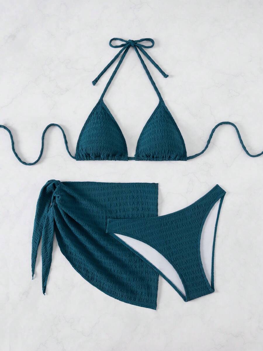 3 Parça Bikini Ve Düğümlü Mini Etek Takımı