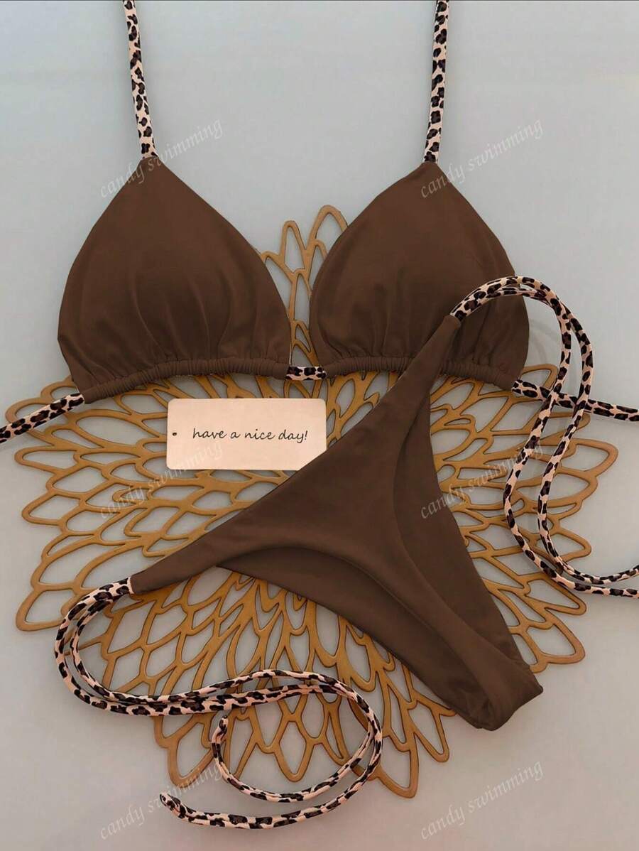 Leopar Desenli Boyundan Bağlamalı Bikini Takımı