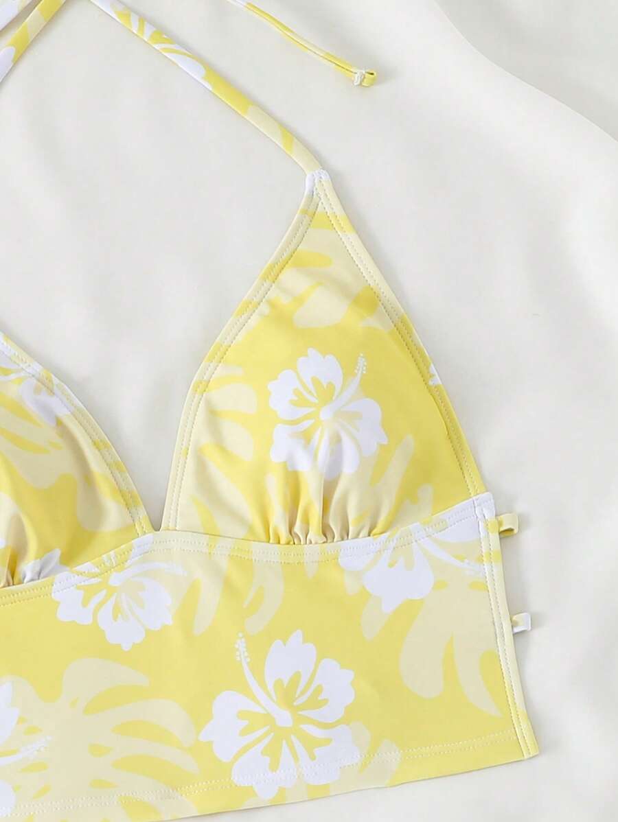 Dantelli Çiçek Desenli Düğümlü Tankini Takımı