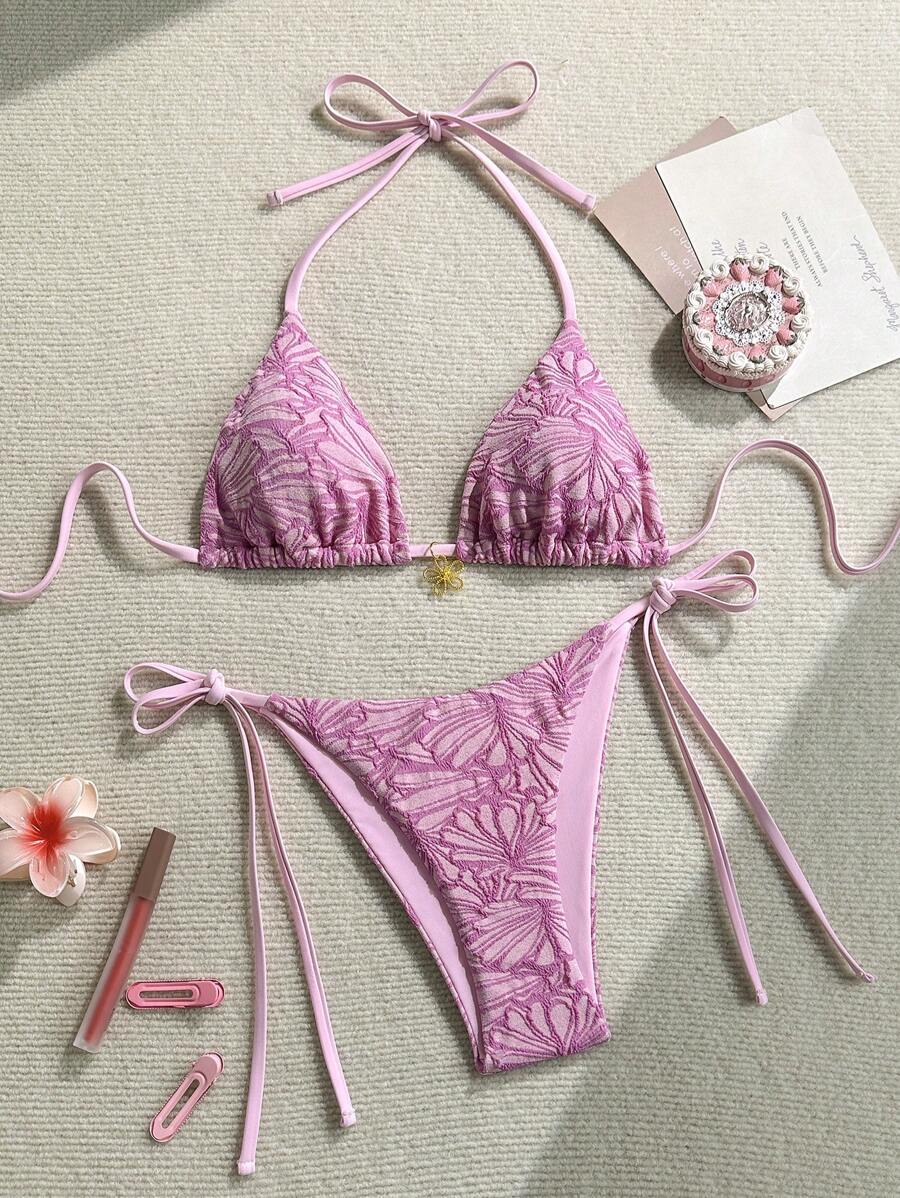 Çiçek Desenli Boyundan Bağlamalı Bikini Ve Bağcıklı Bikini Altı Takımı