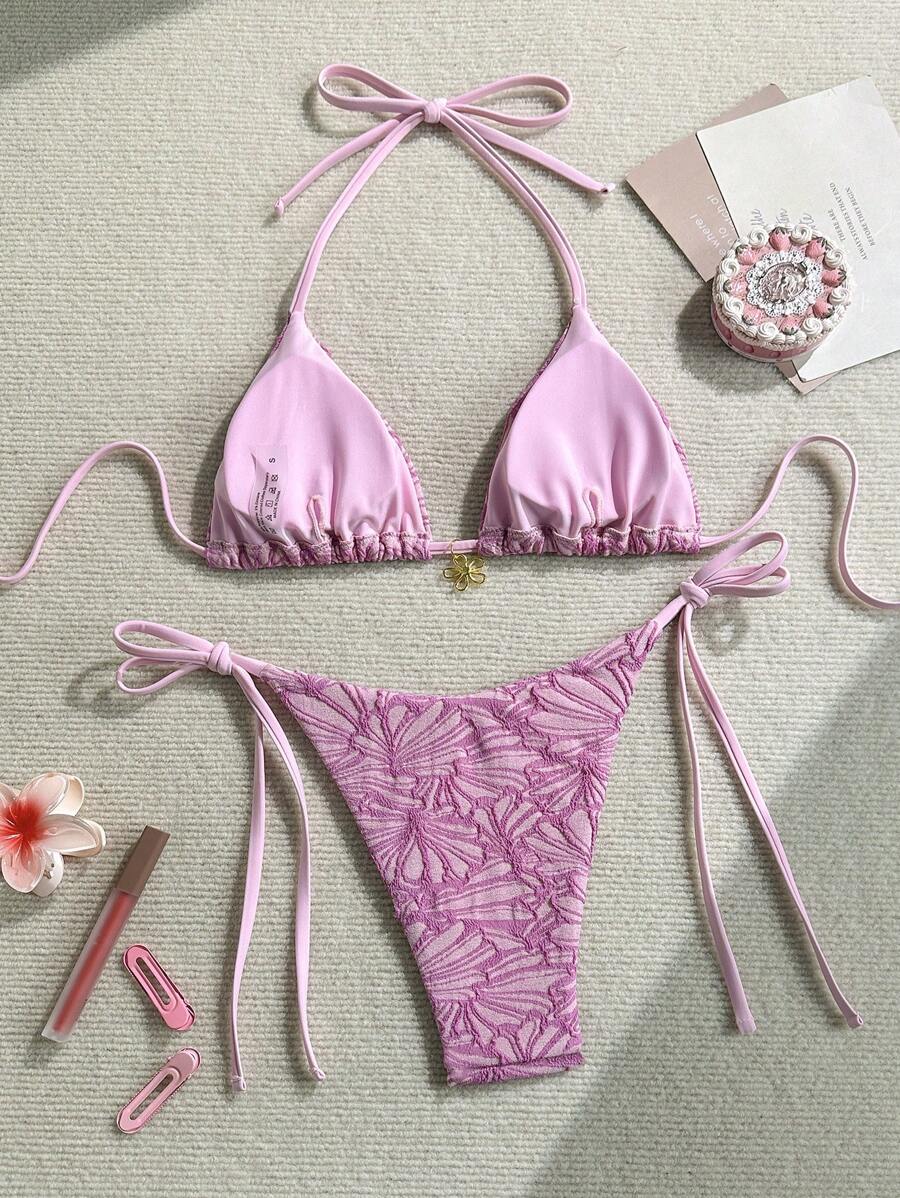 Çiçek Desenli Boyundan Bağlamalı Bikini Ve Bağcıklı Bikini Altı Takımı