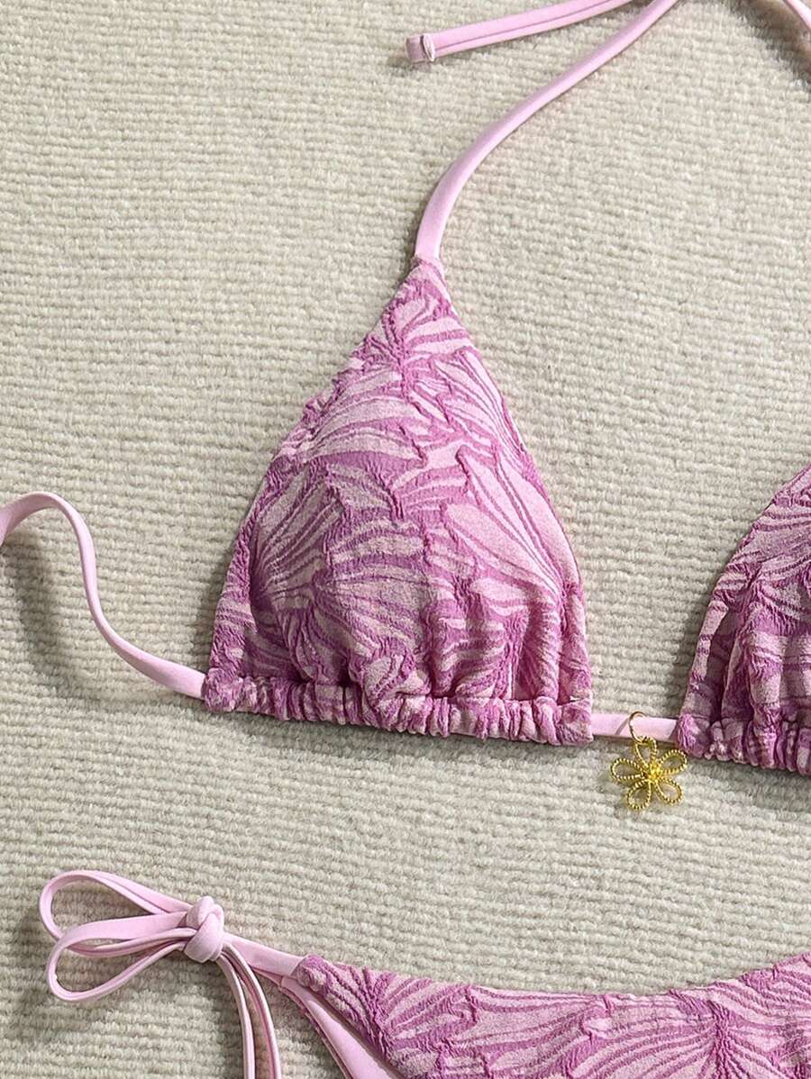 Çiçek Desenli Boyundan Bağlamalı Bikini Ve Bağcıklı Bikini Altı Takımı