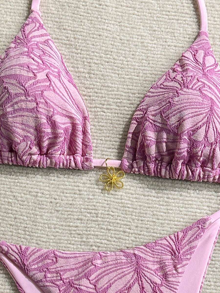 Çiçek Desenli Boyundan Bağlamalı Bikini Ve Bağcıklı Bikini Altı Takımı