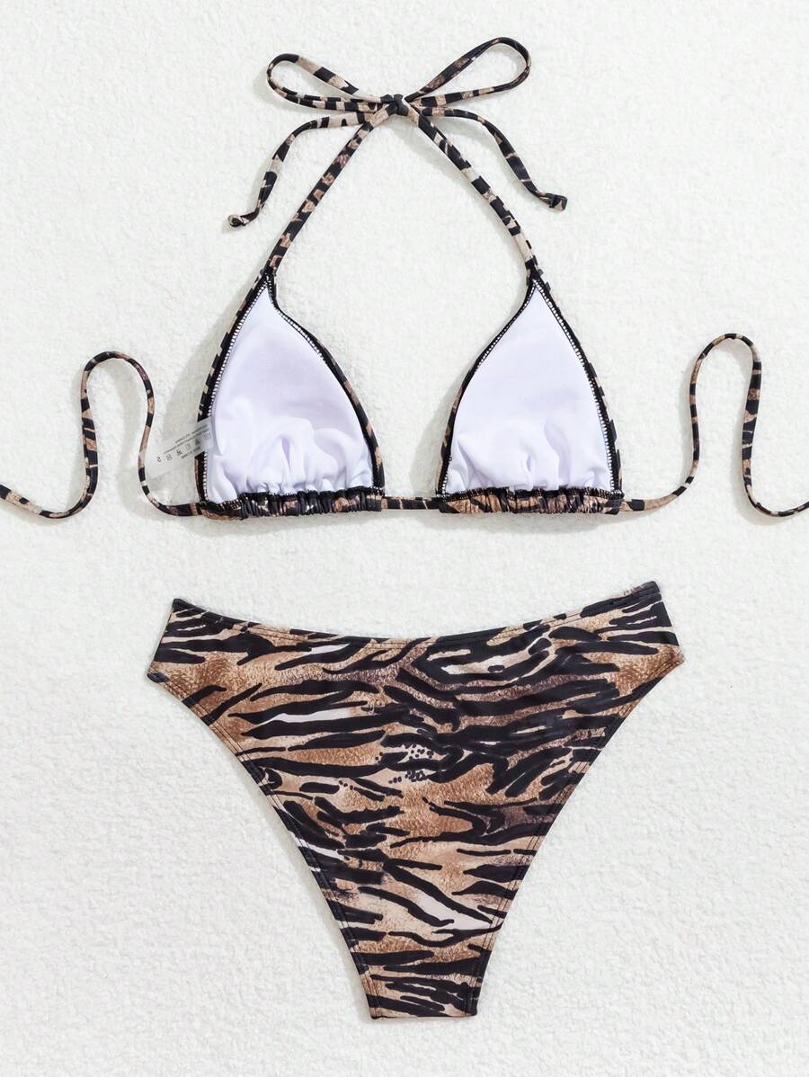 Çiçek Desenli Halter Bağcıklı Bikini Takımı