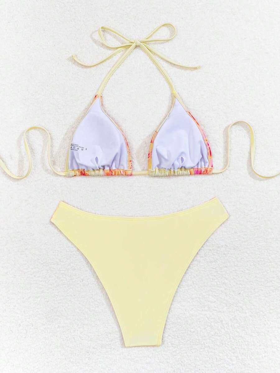 Çiçek Desenli Halter Bağcıklı Bikini Takımı