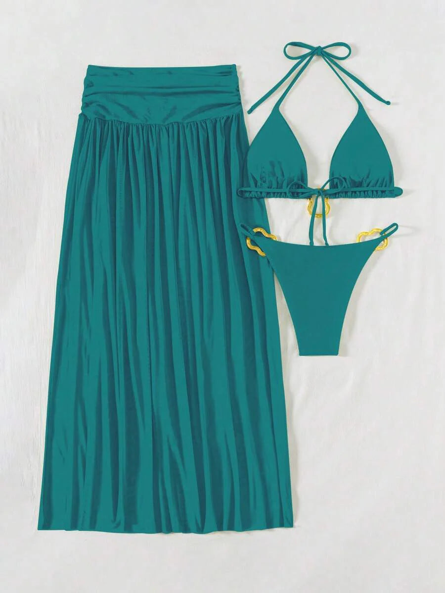 Parlak Kumaş Boyundan Bağlamalı Bikini, Asimetrik Halka Detaylı Uzun File Plaj Elbisesi