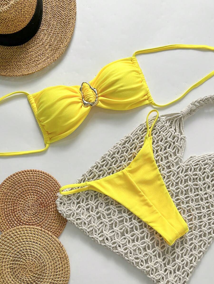 Pembe Straplez Bağcıklı Metal Detaylı Bikini Takımı