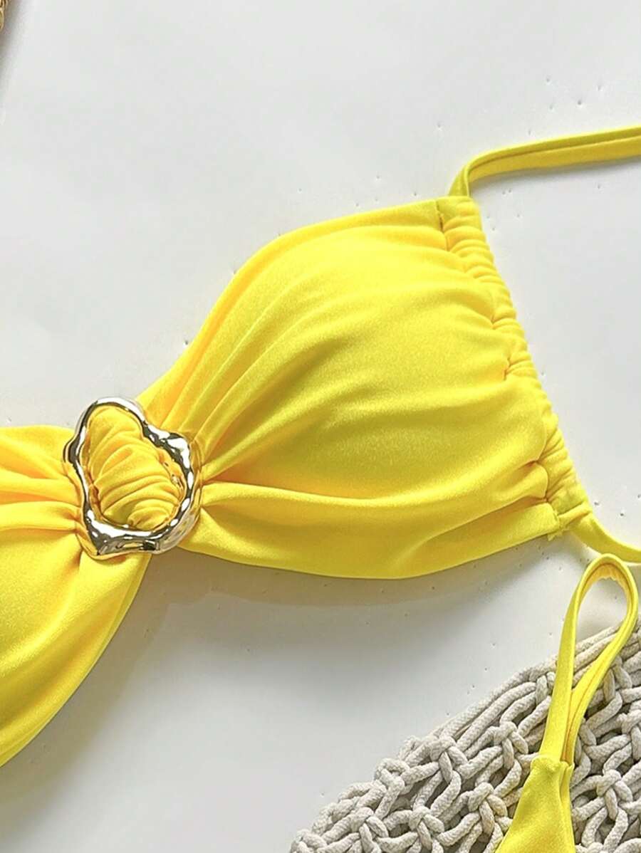 Pembe Straplez Bağcıklı Metal Detaylı Bikini Takımı