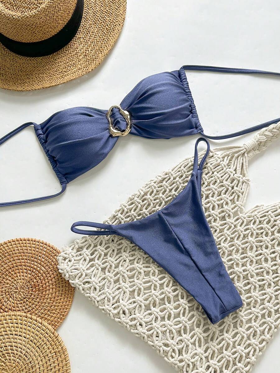 Pembe Straplez Bağcıklı Metal Detaylı Bikini Takımı