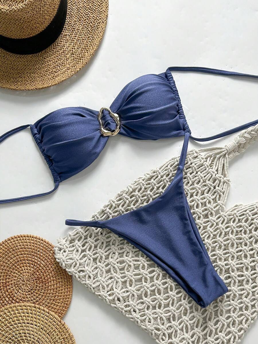 Pembe Straplez Bağcıklı Metal Detaylı Bikini Takımı