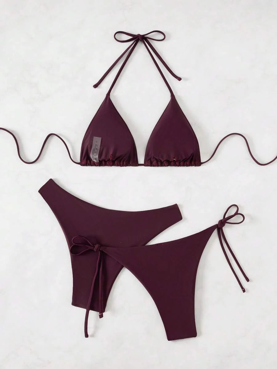 3 Parça Halter Üst + Üçgen Alt + Bağcıklı Şort Bikini Takımı