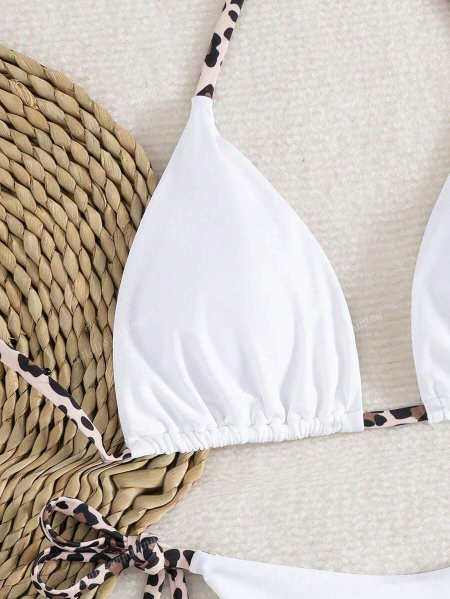 Leopar Desenli Boyundan Bağlamalı Bikini Takımı
