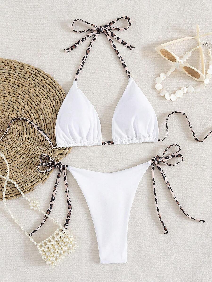 Leopar Desenli Boyundan Bağlamalı Bikini Takımı