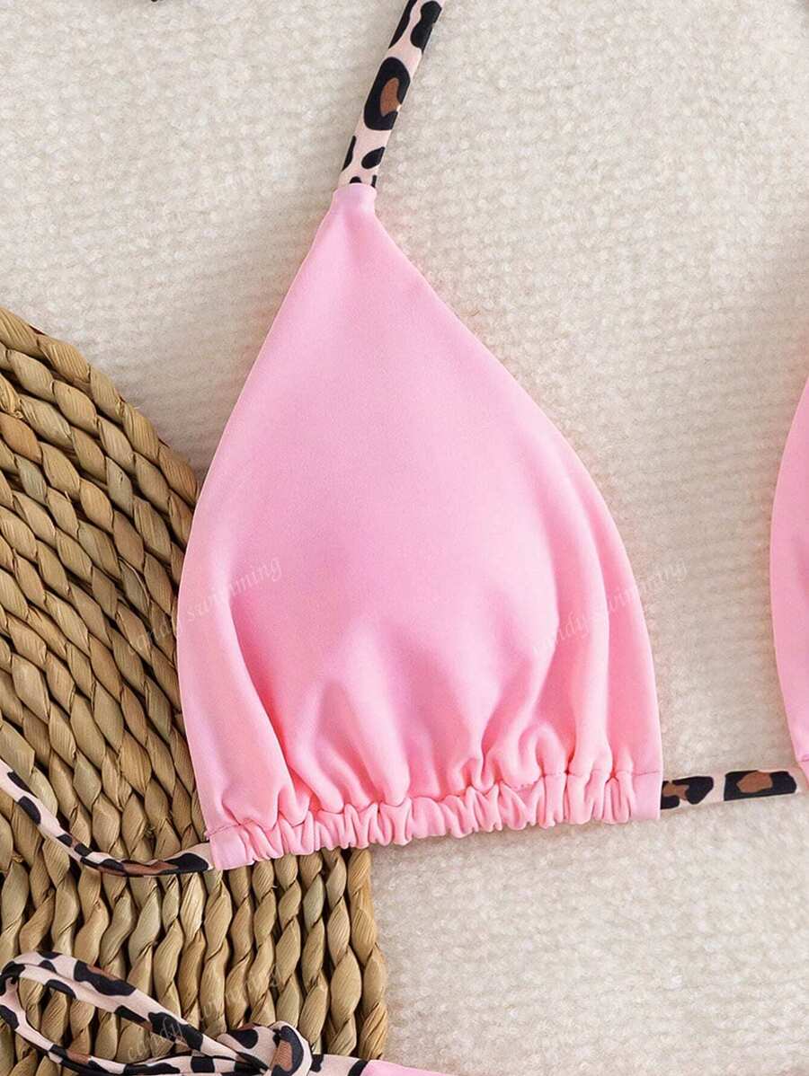 Leopar Desenli Boyundan Bağlamalı Bikini Takımı
