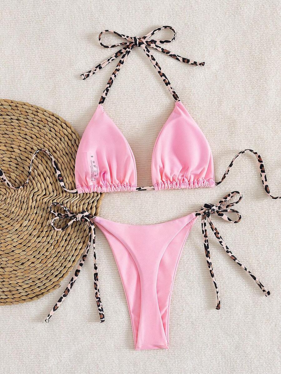 Leopar Desenli Boyundan Bağlamalı Bikini Takımı