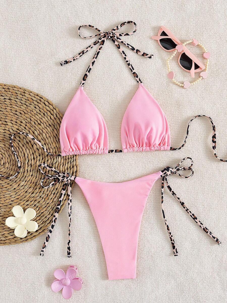 Leopar Desenli Boyundan Bağlamalı Bikini Takımı