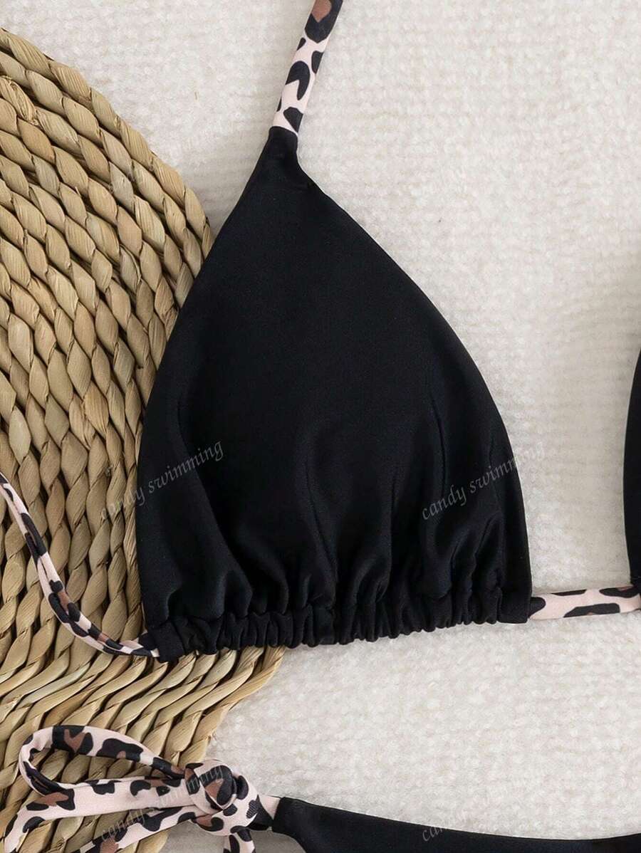 Leopar Desenli Boyundan Bağlamalı Bikini Takımı