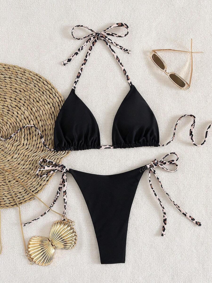Leopar Desenli Boyundan Bağlamalı Bikini Takımı