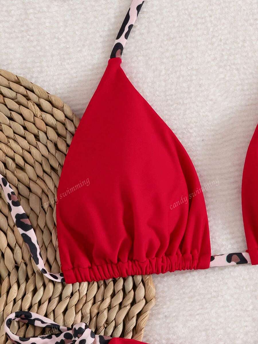 Leopar Desenli Boyundan Bağlamalı Bikini Takımı