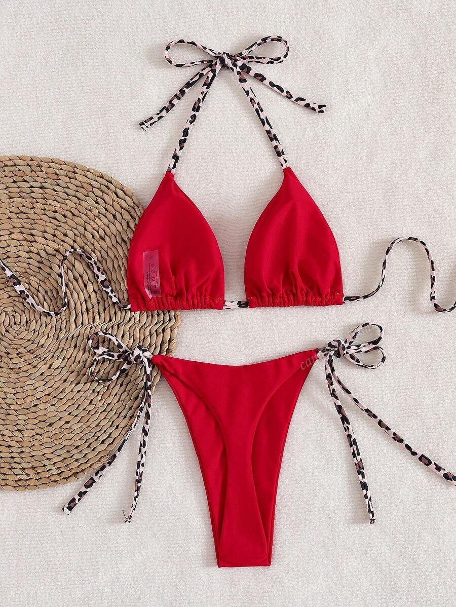 Leopar Desenli Boyundan Bağlamalı Bikini Takımı