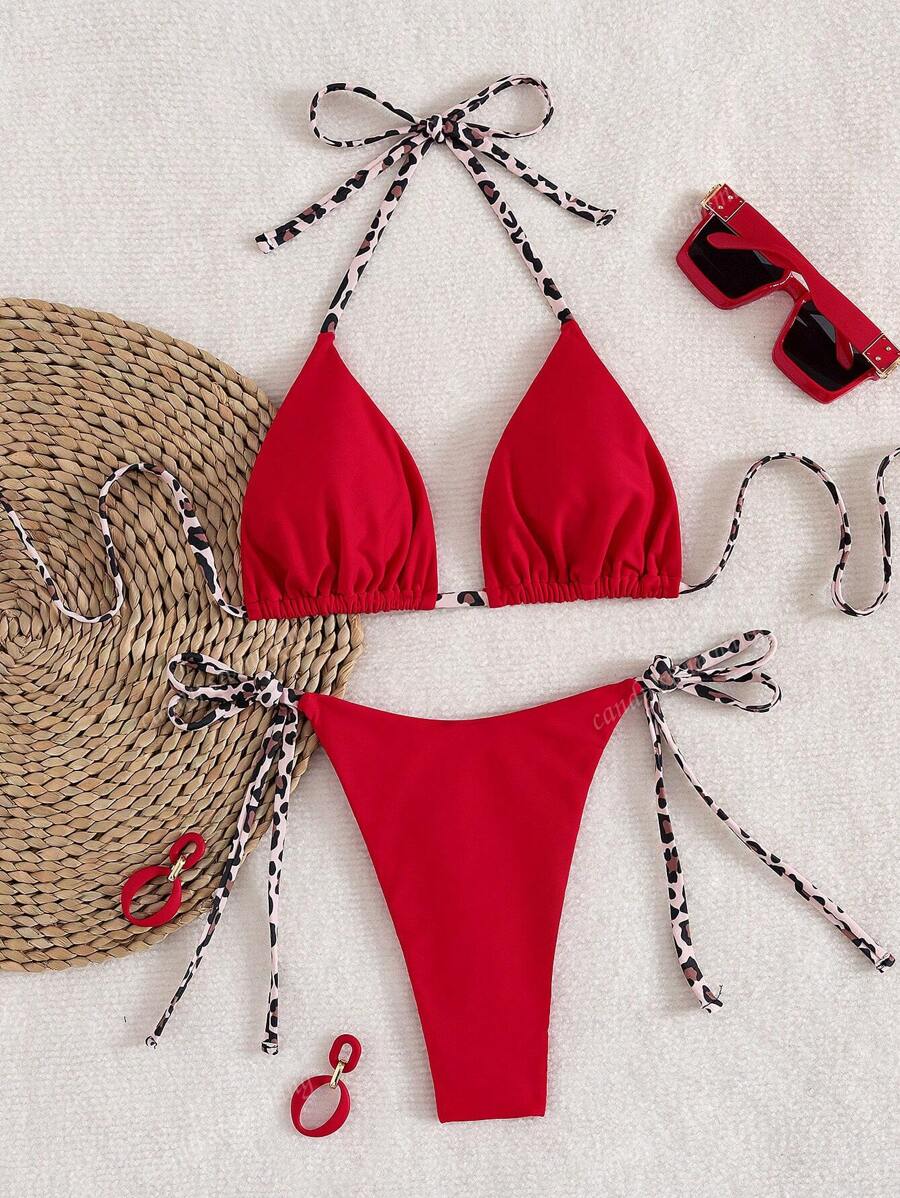 Leopar Desenli Boyundan Bağlamalı Bikini Takımı