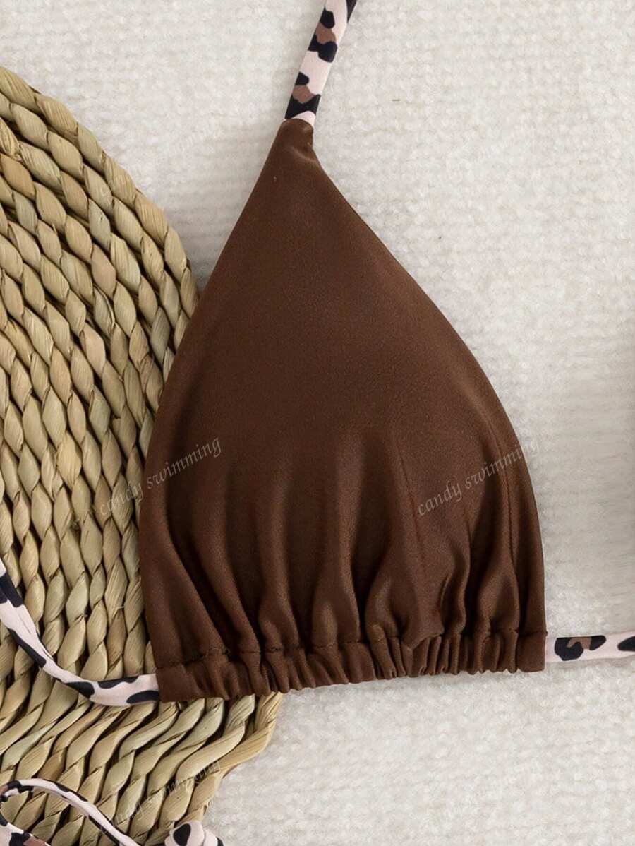 Leopar Desenli Boyundan Bağlamalı Bikini Takımı