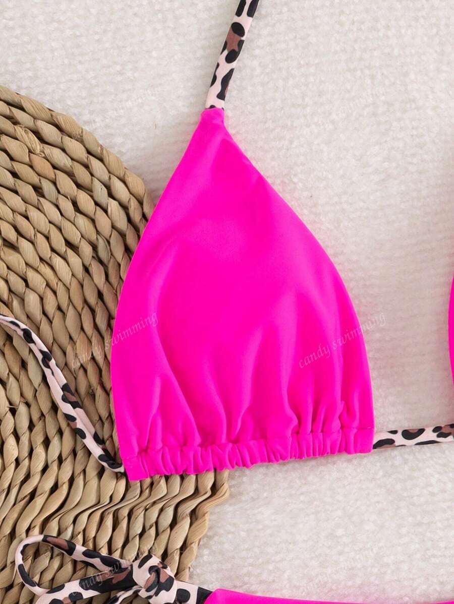 Leopar Desenli Boyundan Bağlamalı Bikini Takımı