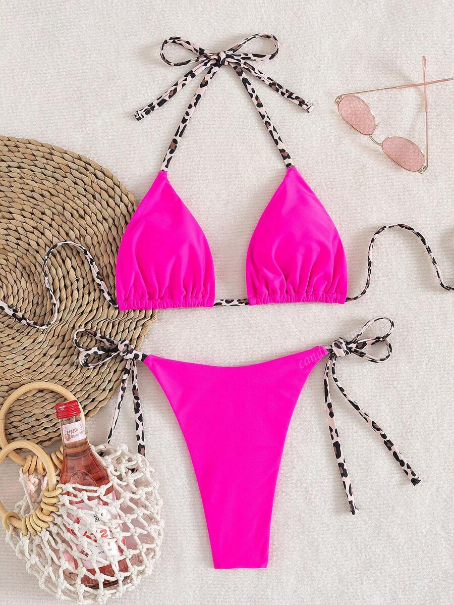 Leopar Desenli Boyundan Bağlamalı Bikini Takımı