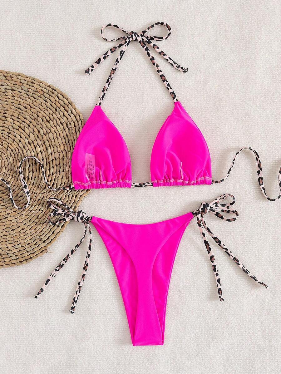 Leopar Desenli Boyundan Bağlamalı Bikini Takımı