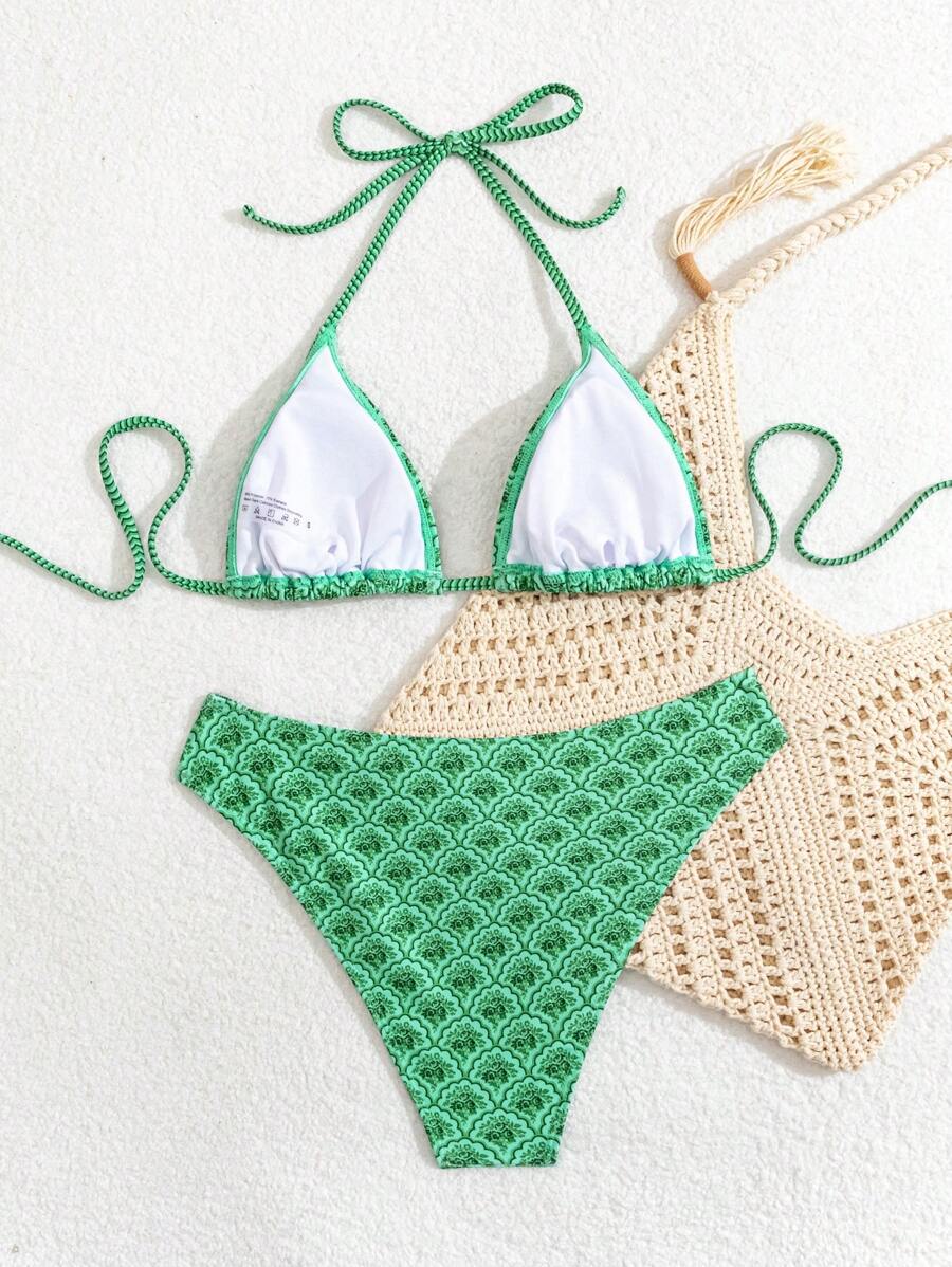 Çiçek Desenli Halter Bağcıklı Bikini Takımı