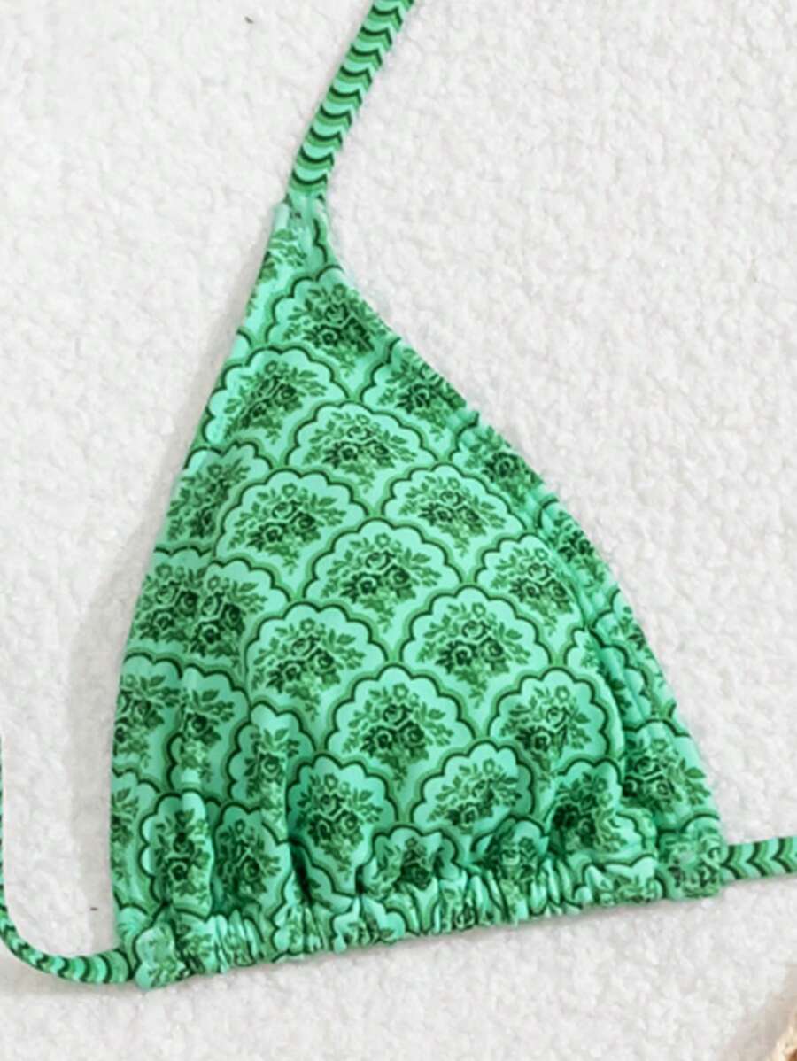 Çiçek Desenli Halter Bağcıklı Bikini Takımı