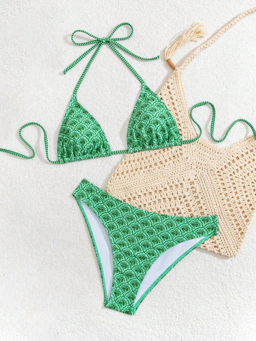 Çiçek Desenli Halter Bağcıklı Bikini Takımı