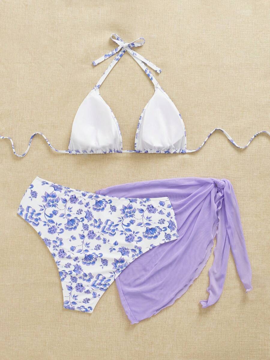 Büyük Beden Boyundan Bağlamalı Baskılı Bikini Takımı