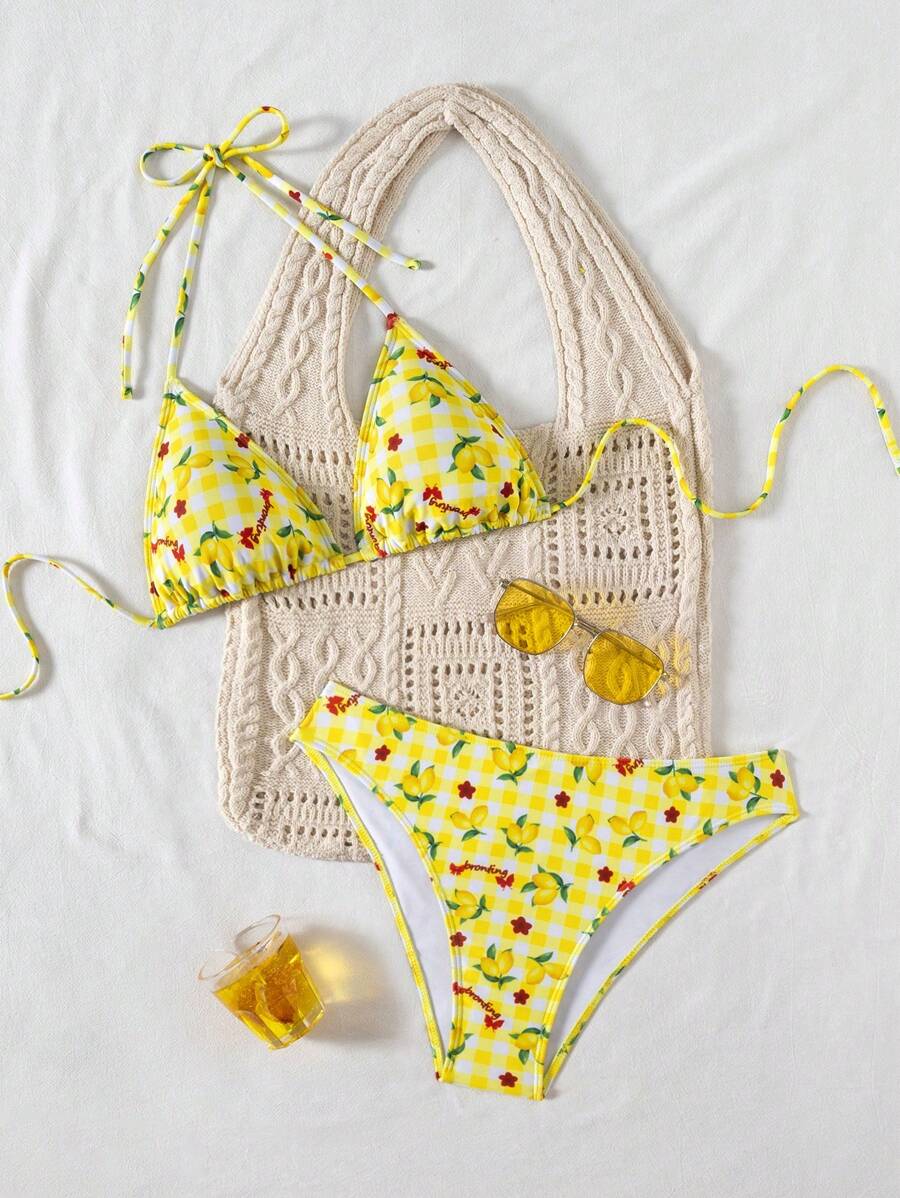 Çiçek Desenli Halter Bağcıklı Bikini Takımı