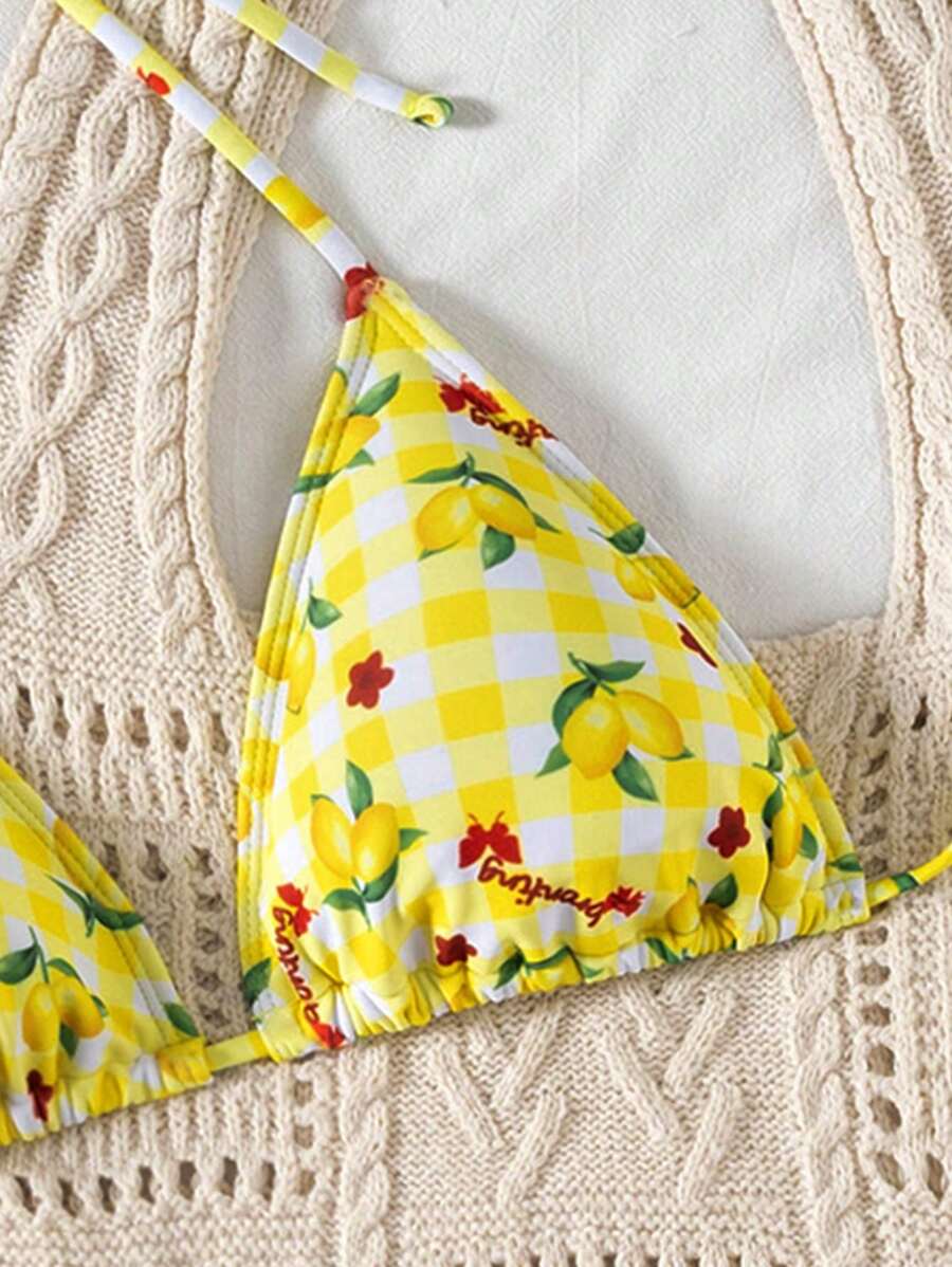 Çiçek Desenli Halter Bağcıklı Bikini Takımı