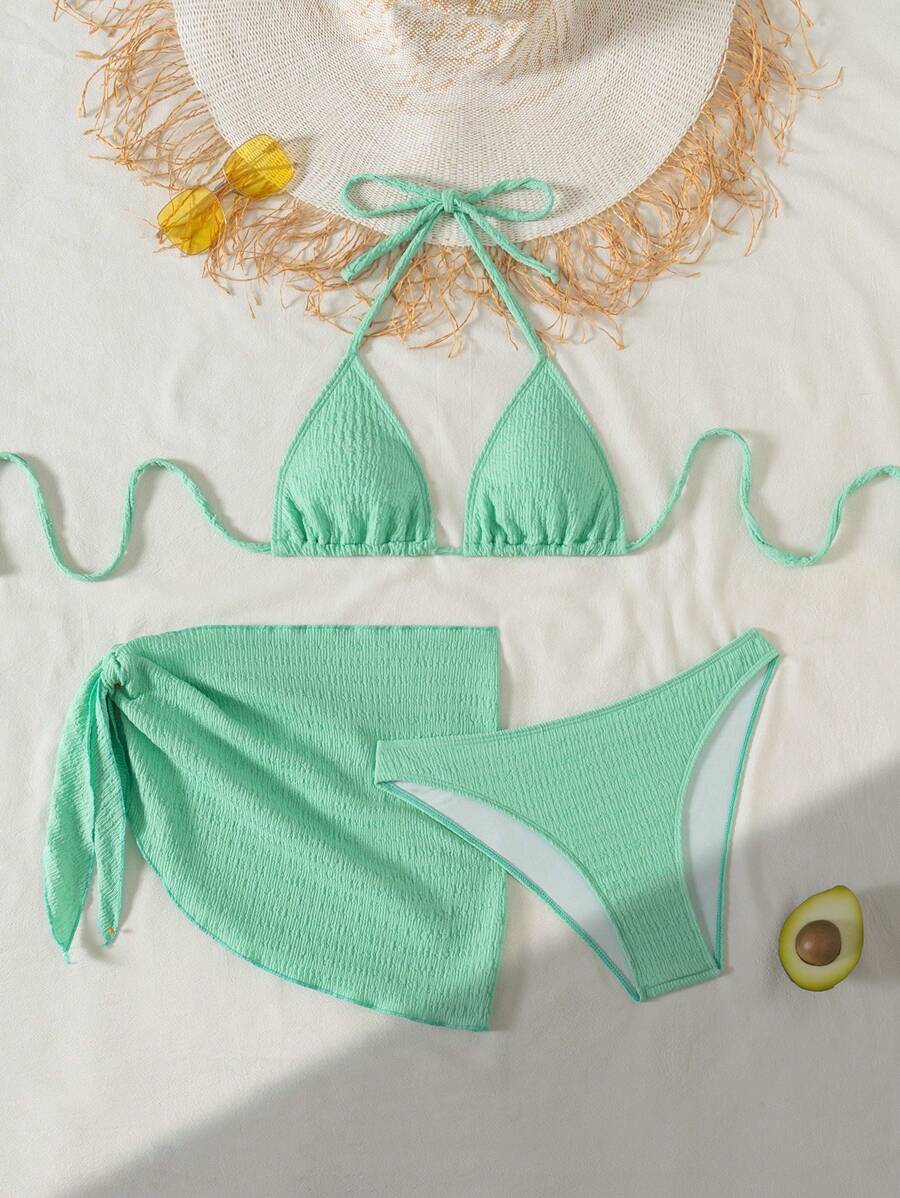 3 Parça Bikini Ve Düğümlü Mini Etek Takımı